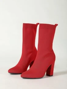 Neon Red Chunky Heeled Slip-On Sock Boots - Red - View 6