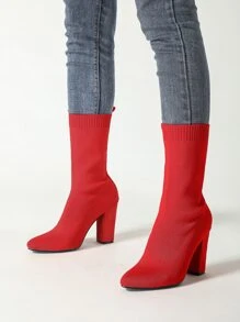 Neon Red Chunky Heeled Slip-On Sock Boots - Red - View 7