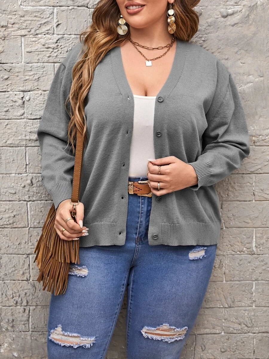 SHEIN LUNE áo hở cổ kích thước lớn Nút phía trước màu trơn Giải trí - Xám - Xem 1