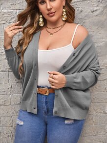 SHEIN LUNE áo hở cổ kích thước lớn Nút phía trước màu trơn Giải trí - Xám - Xem 4
