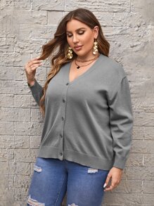 SHEIN LUNE áo hở cổ kích thước lớn Nút phía trước màu trơn Giải trí - Xám - Xem 5