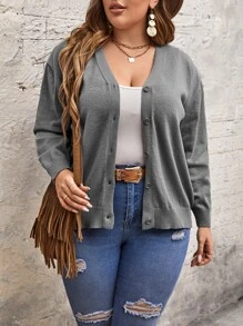 SHEIN LUNE áo hở cổ kích thước lớn Nút phía trước màu trơn Giải trí - Xám - Xem 6