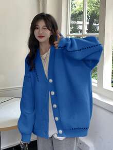 Abrigo unicolor de hombros caídos amplio tejido - Azul - Ver 3