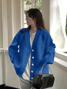 Abrigo unicolor de hombros caídos amplio tejido - Azul - Ver 4