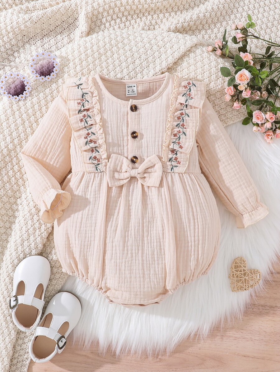 Baby Floral Embroidery Ruffle Trim Bow Front Bodysuit - Apricot - View 1