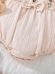 Baby Floral Embroidery Ruffle Trim Bow Front Bodysuit - Apricot - View 5