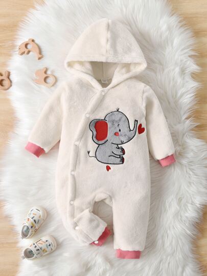 Baby Elephant Embroidery Hooded Flannel Jumpsuit