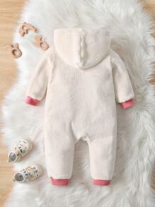 Baby Elephant Embroidery Hooded Flannel Jumpsuit - Apricot - View 2