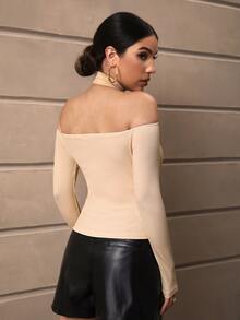 SHEIN Privé 素色交叉繞頸T恤 - 杏色 - 查看 2