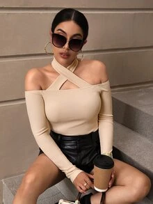 SHEIN Privé 素色交叉繞頸T恤 - 杏色 - 查看 3