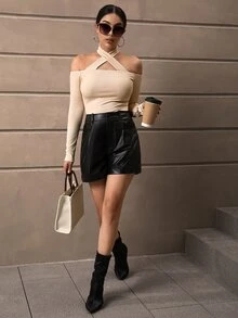 SHEIN Privé 素色交叉繞頸T恤 - 杏色 - 查看 4