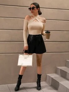 SHEIN Privé 素色交叉繞頸T恤 - 杏色 - 查看 6