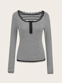 Áo thun nữ Tương phản ren Nút phía trước Sọc Giải trí - Đen và trắng - Xem 1