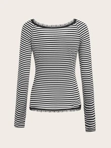 Áo thun nữ Tương phản ren Nút phía trước Sọc Giải trí - Đen và trắng - Xem 2