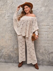 SHEIN Clasi Plus Pointelle Knit Batwing Sleeve Jumper & Knit Trousers - Apricot - View 4