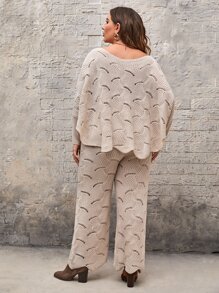 SHEIN Clasi Plus Pointelle Knit Batwing Sleeve Jumper & Knit Trousers - Apricot - View 2