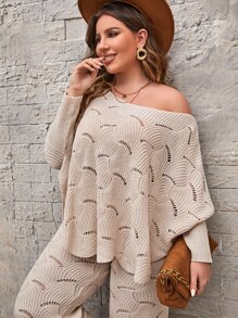 SHEIN Clasi Plus Pointelle Knit Batwing Sleeve Jumper & Knit Trousers - Apricot - View 3