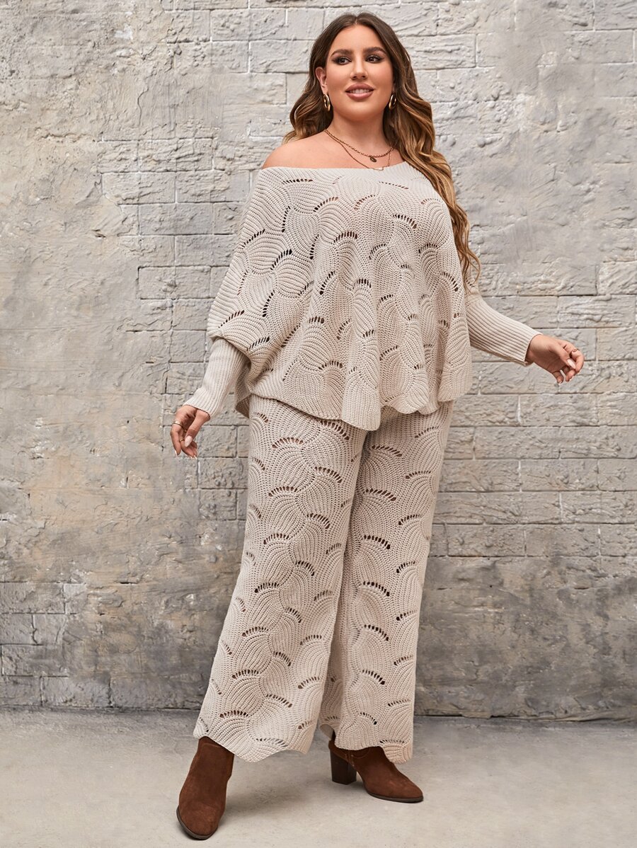 SHEIN Clasi Plus Pointelle Knit Batwing Sleeve Jumper & Knit Trousers - Apricot - View 1