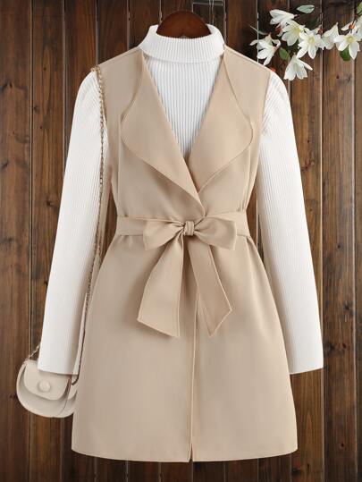 SHEIN Explorewe Tween Girl Waterfall Collar Belted Vest Coat Without Sweater