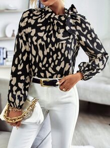 SHEIN LUNE Allover Print Tie Neck Blouse - Black - View 1