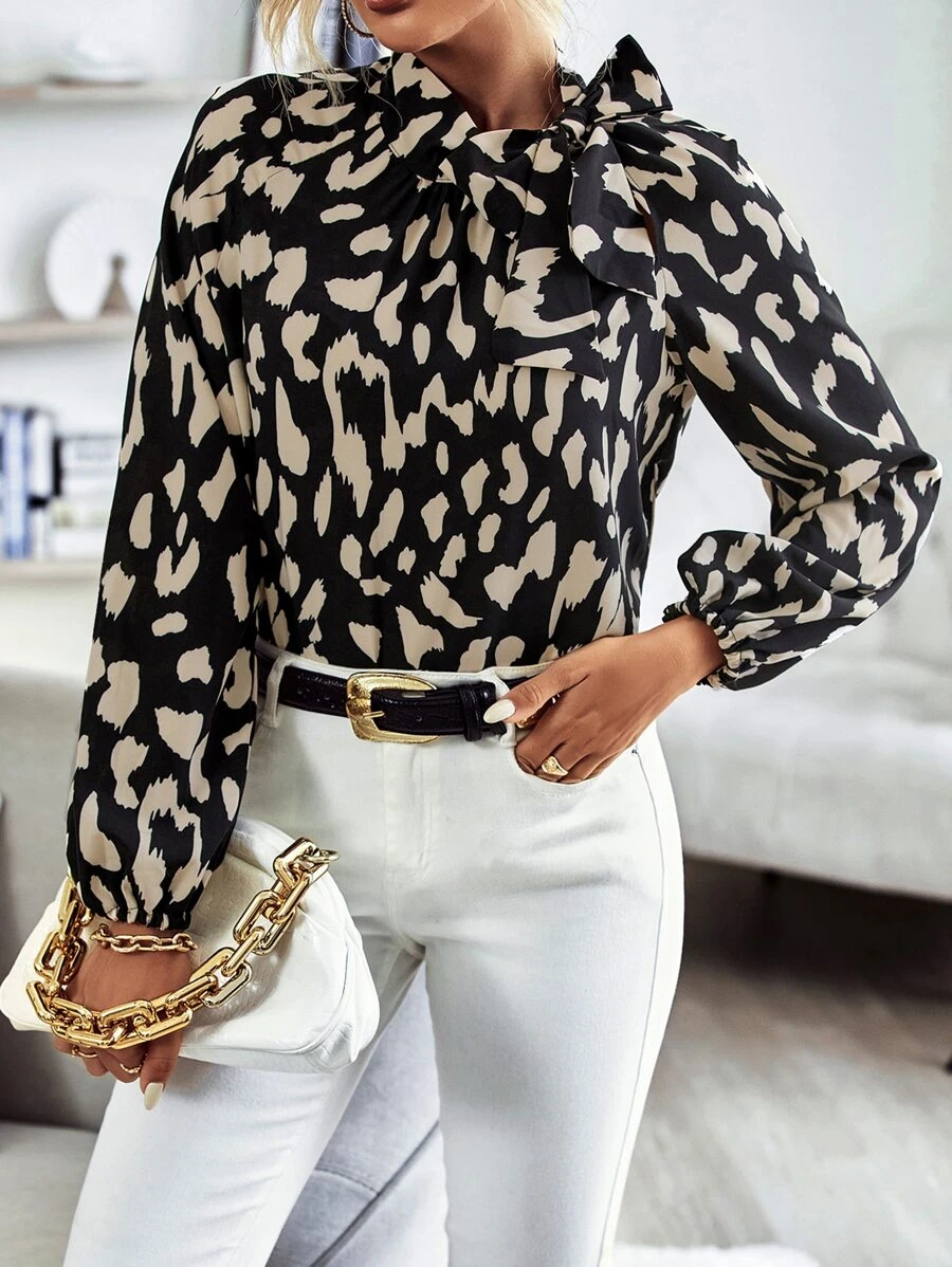 SHEIN LUNE Allover Print Tie Neck Blouse - Black - View 1