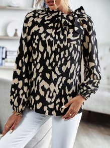 SHEIN LUNE Allover Print Tie Neck Blouse - Black - View 3