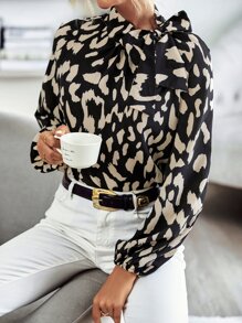 SHEIN LUNE Allover Print Tie Neck Blouse - Black - View 6