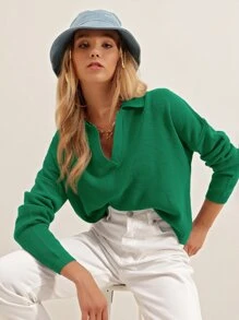 EURMUSE Drop Shoulder Ribbed Knit Jumper - Green - View 4