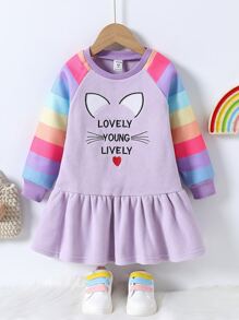 Niñas Vestido sudadera con estampado de slogan y dibujos animados en contraste de manga raglán bajo con fruncido - Lila Púrpura - Ver 1