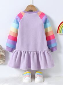 Niñas Vestido sudadera con estampado de slogan y dibujos animados en contraste de manga raglán bajo con fruncido - Lila Púrpura - Ver 2