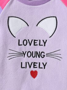 Niñas Vestido sudadera con estampado de slogan y dibujos animados en contraste de manga raglán bajo con fruncido - Lila Púrpura - Ver 6