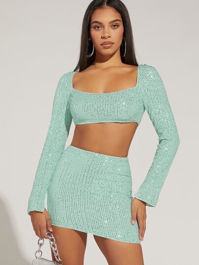 SHEIN BAE 聖誕後背繫帶亮片短款上衣&包臀半身裙套裝