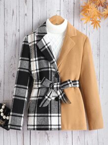SHEIN Girls 1pc Plaid Panel Belted Overcoat - Multicolor - View 1