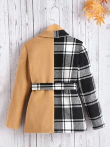 SHEIN Girls 1pc Plaid Panel Belted Overcoat - Multicolor - View 2
