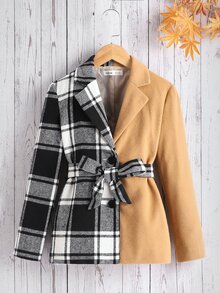 SHEIN Girls 1pc Plaid Panel Belted Overcoat - Multicolor - View 5
