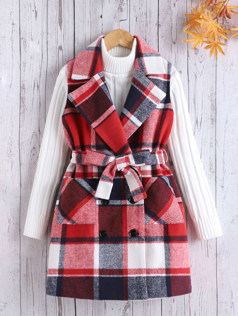 SHEIN 女孩1入組格紋雙口袋雙排釦腰帶花呢外套