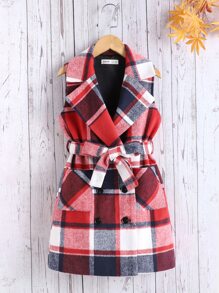 SHEIN 女孩1入組格紋雙口袋雙排釦腰帶花呢外套