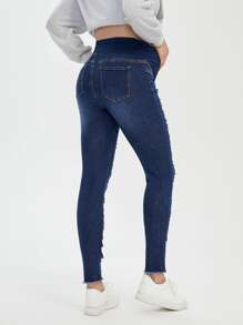 SHEIN Maternity Wideband Waist Ripped Frayed Raw Hem Skinny Jeans - Dark Wash - View 4