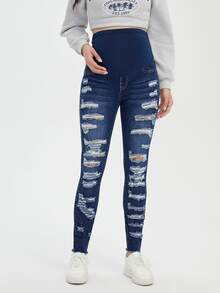 SHEIN Maternity Wideband Waist Ripped Frayed Raw Hem Skinny Jeans - Dark Wash - View 3
