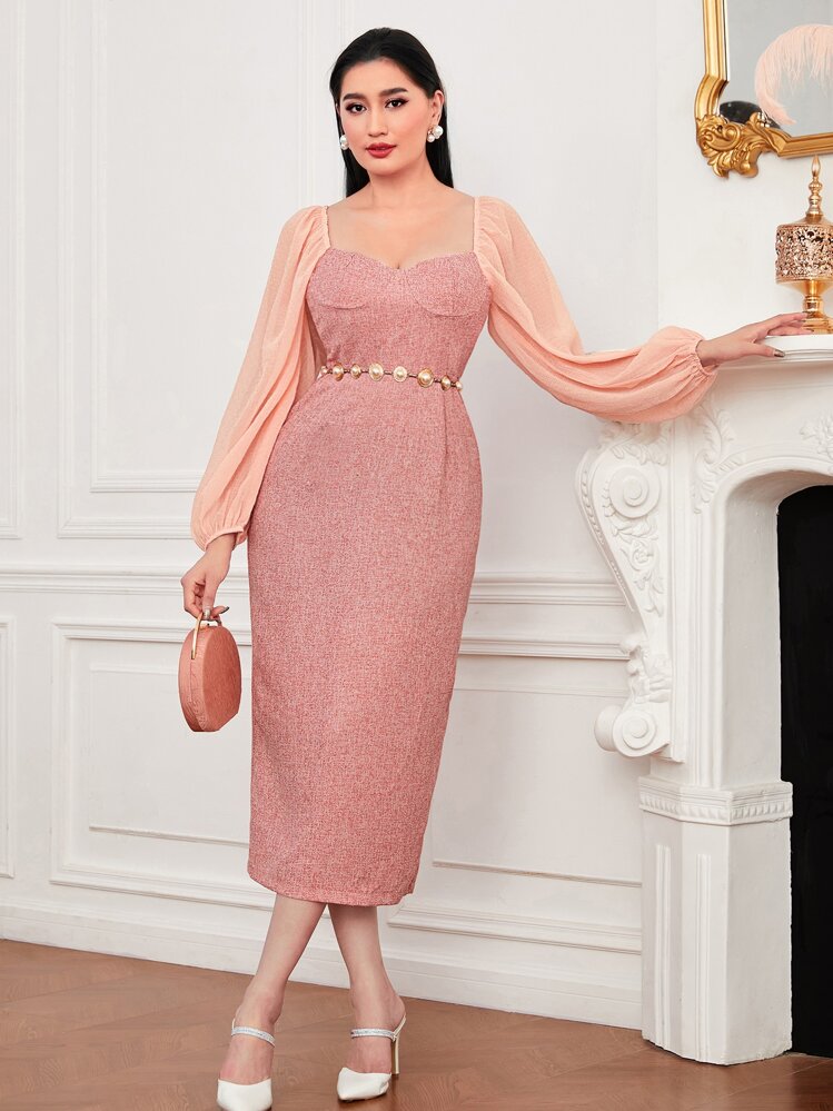 Modelyn 雞心領口燈籠袖後背開衩亮片洋裝不附腰帶 - 粉色 - 查看 1