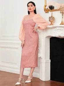 Modelyn 雞心領口燈籠袖後背開衩亮片連衣裙不附腰帶 - 粉色 - 查看 3