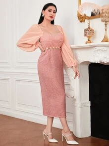 Modelyn 雞心領口燈籠袖後背開衩亮片連衣裙不附腰帶 - 粉色 - 查看 5