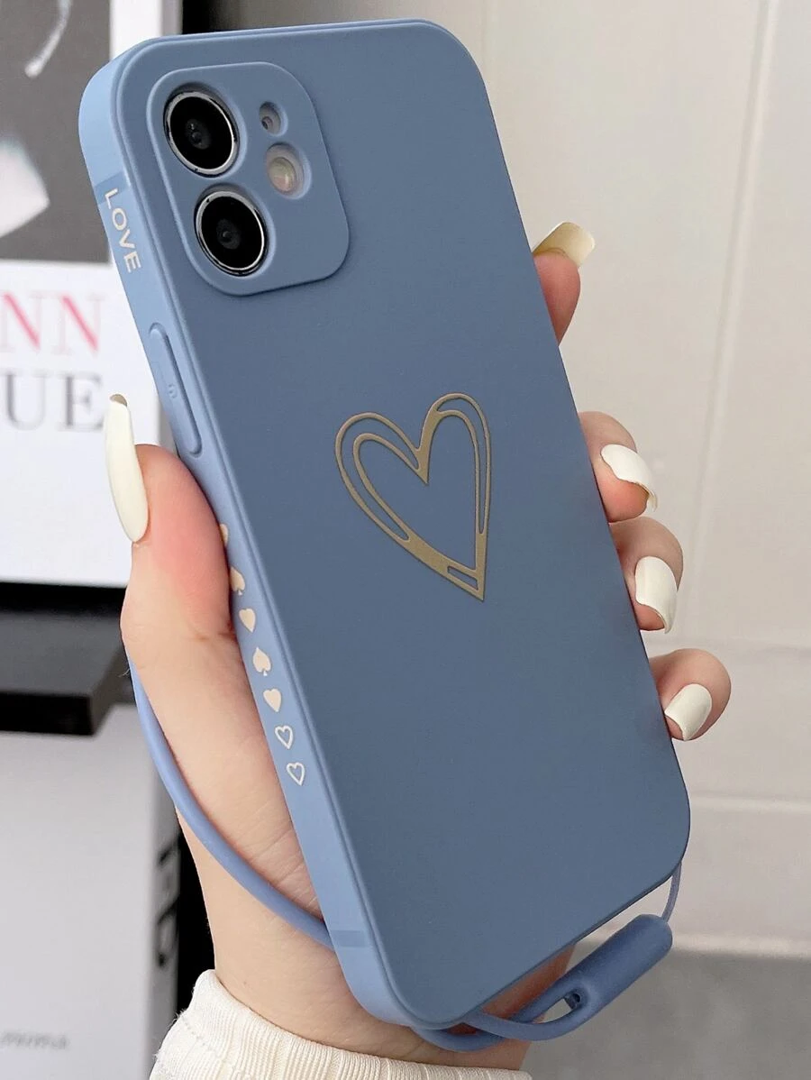 愛心圖案手機殼附帶繩子 - 藍色 - 查看 1