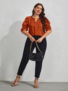 SHEIN Clasi Plus Notched Neck Puff Sleeve Blouse - Burnt Orange - View 3
