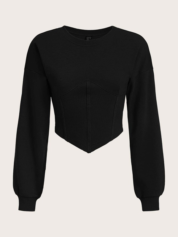SHEIN EZwear Solid Drop Shoulder Hanky Hem Crop Sweatshirt,Long Sleeve Tops In Fall/Winter