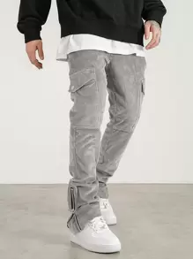 Chillumni Quần Cargo nhung kẻ cạp cao có túi bên hông, dây rút, thu đông - Màu Xám nhạt - Xem 4