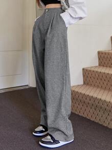 DAZY High Waist Fold Pleated Trousers - Light Grey - View 1