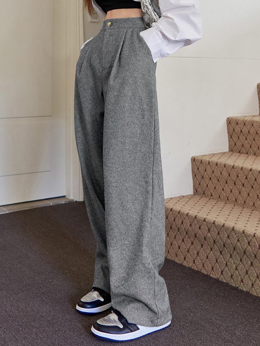 DAZY High Waist Fold Pleated Trousers - Light Grey - View 1