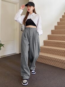 DAZY High Waist Fold Pleated Trousers - Light Grey - View 3