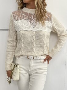 SHEIN LUNE Cable Knit Eyelash Lace Panel Sweater - Beige - View 3